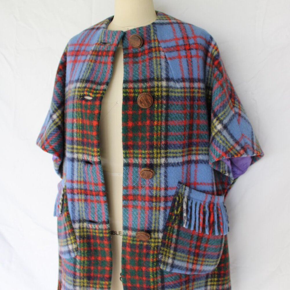 MERRYWEAR Ireland jacket cape poncho cloak Tartan plaid wool fringe check - Picture 8 of 12